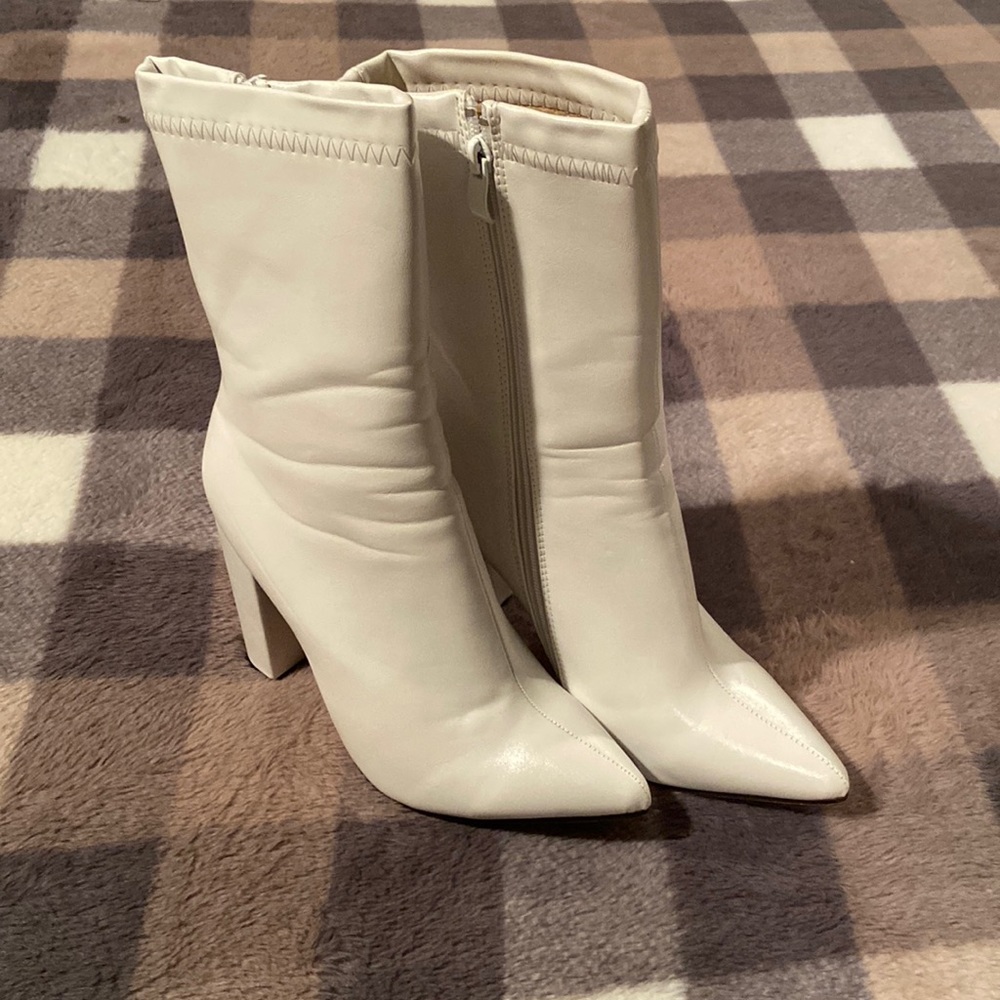 white leather heeled booties